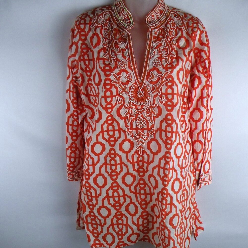 BARBARA GERWIT Orange/White Beaded Tunic Top S